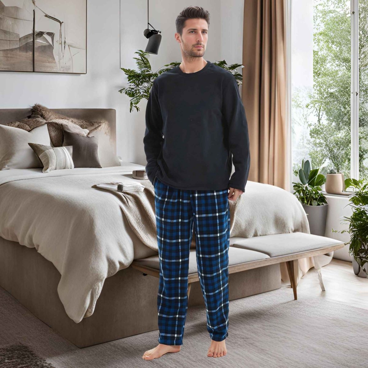 Luxury Navy Check Fleece Pajamas - Men's Warm Winter Pyjama Set - Image 2