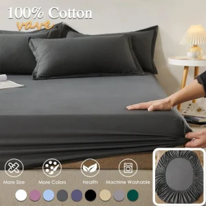 100% Cotton Fitted Bed Sheet with Elastic Band - Solid Color Anti-slip Adjustable Mattress Cover for Single Double King Queen Bed