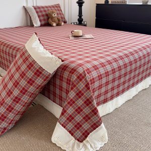 Sweet White Cotton Bed Sheet Set with Breathable Plaid Flat Sheet and Pillowcases for Single and Double Beds