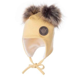 Yellow Merino Wool Baby Hat with Faux-Fur Pompoms